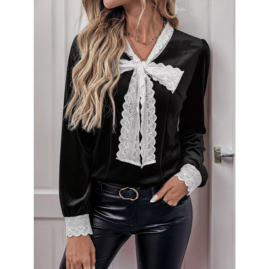 Lace Bow Tie Velvet Blouse Apparel and Accessories
