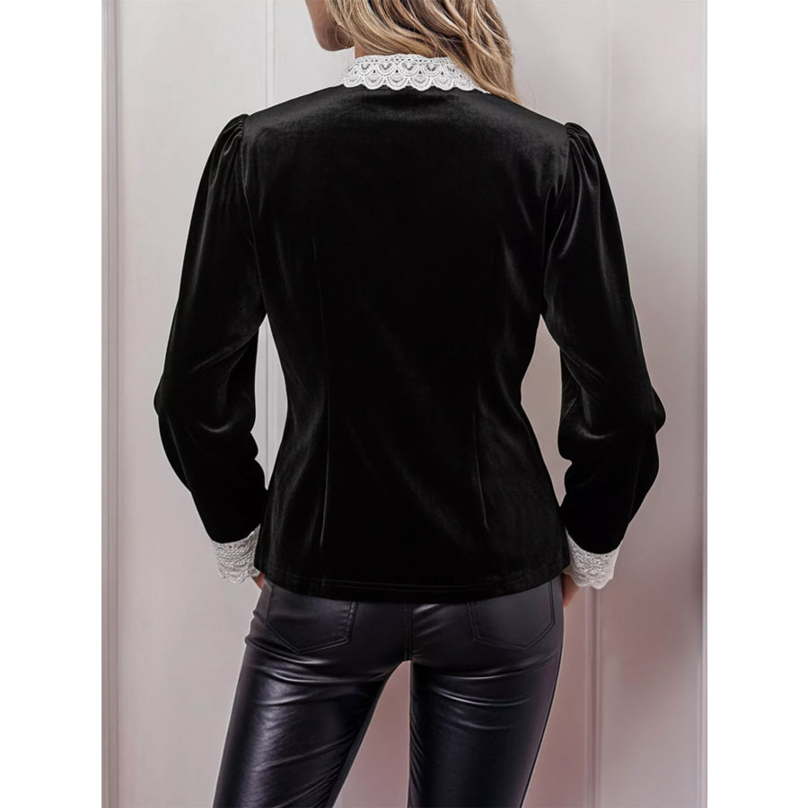 Lace Bow Tie Velvet Blouse Apparel and Accessories