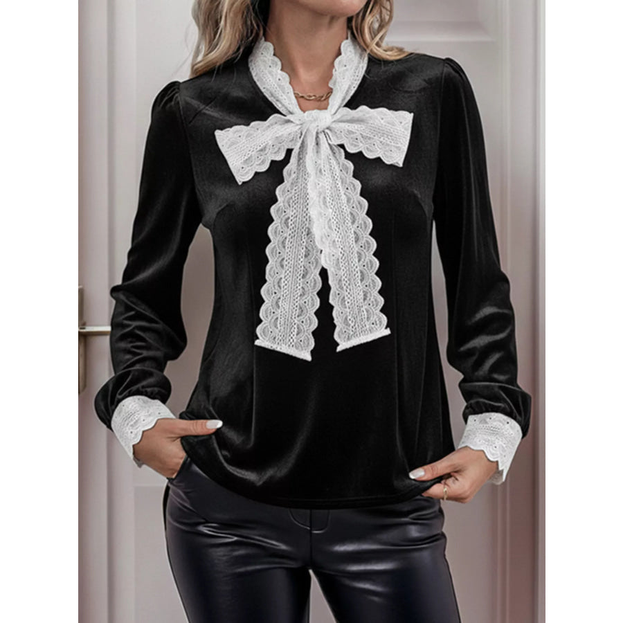 Lace Bow Tie Velvet Blouse Apparel and Accessories