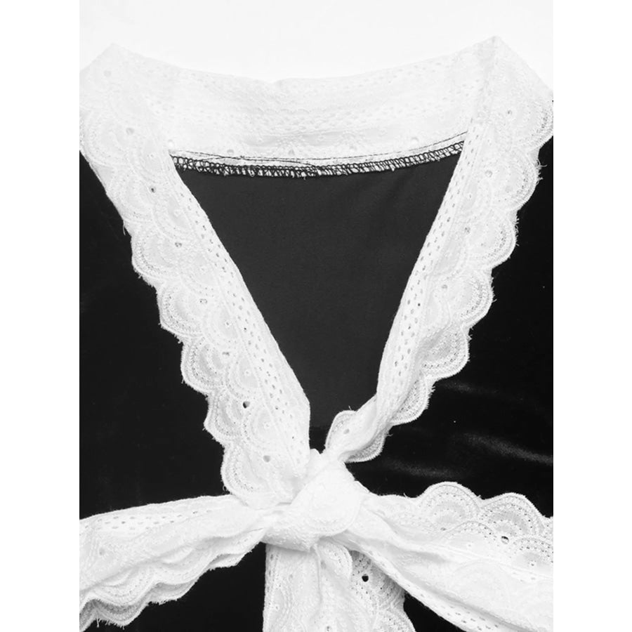 Lace Bow Tie Velvet Blouse Apparel and Accessories