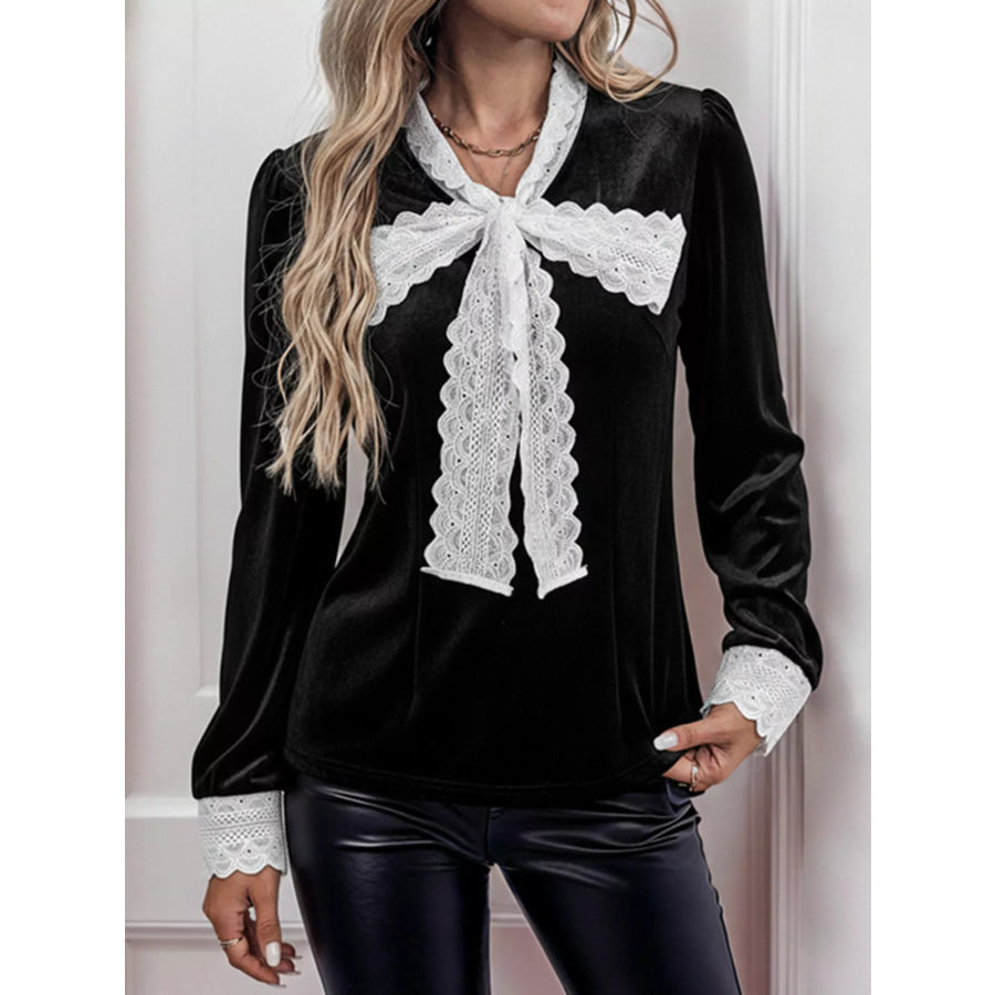 Lace Bow Tie Velvet Blouse Apparel and Accessories