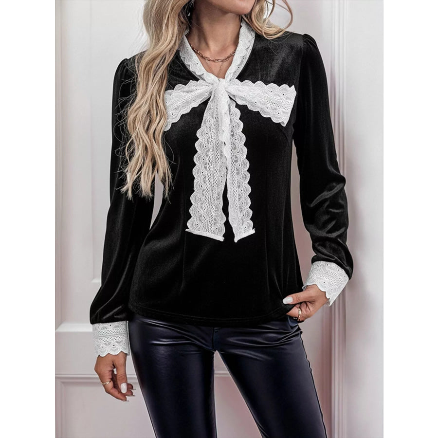Lace Bow Tie Velvet Blouse Black / S Apparel and Accessories