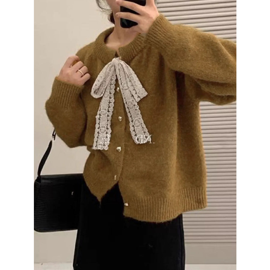 Lace Bowknot Knit Cardigan Brown / One Size Apparel and Accessories