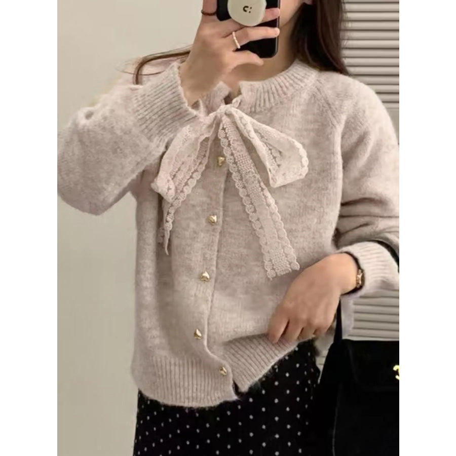 Lace Bowknot Knit Cardigan Khaki / One Size Apparel and Accessories