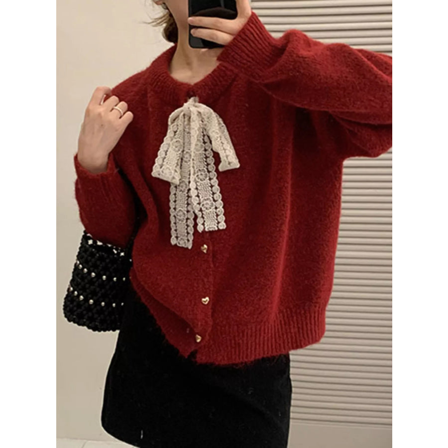 Lace Bowknot Knit Cardigan Red / One Size Apparel and Accessories