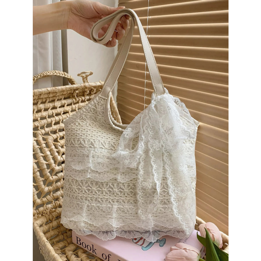 Lace Bowknot Woven Handbag Cream / One Size Apparel and Accessories