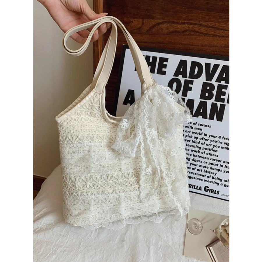 Lace Bowknot Woven Handbag Cream / One Size Apparel and Accessories