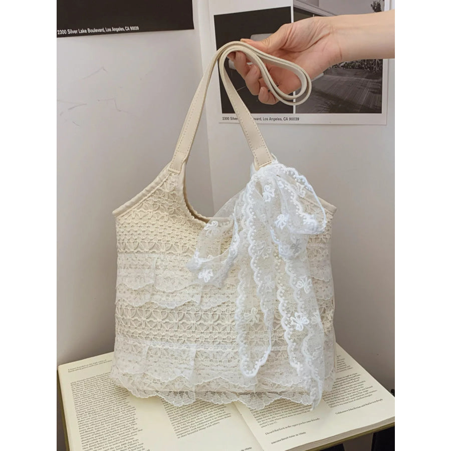 Lace Bowknot Woven Handbag Cream / One Size Apparel and Accessories