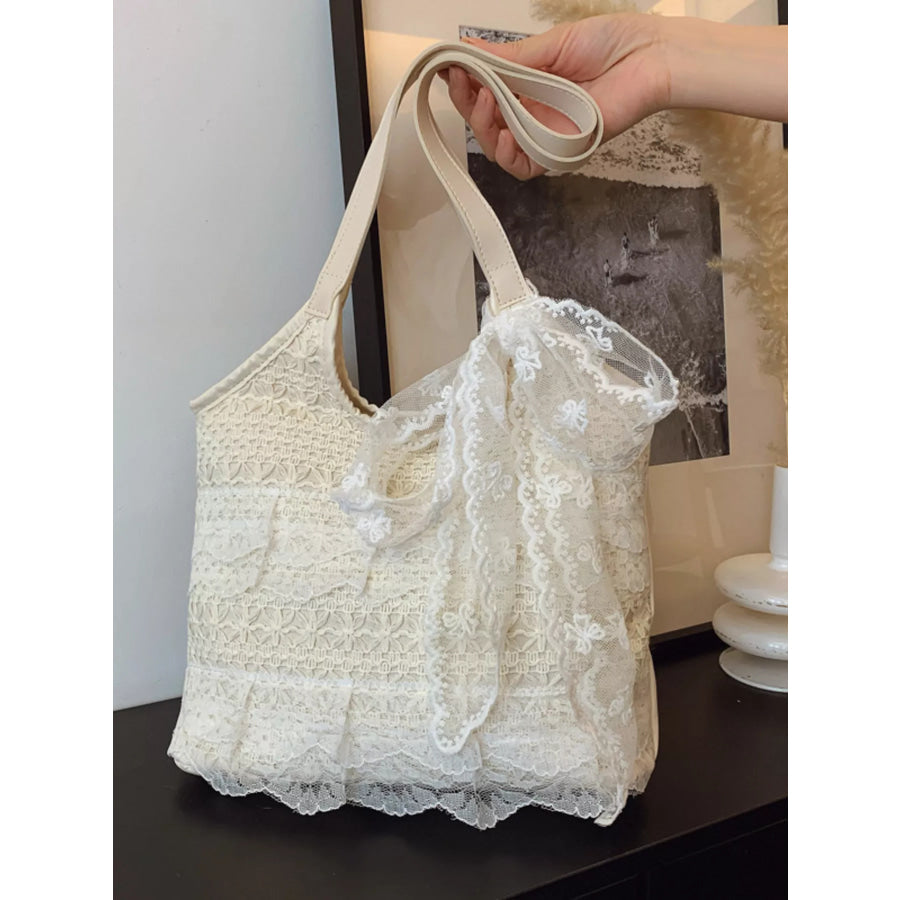 Lace Bowknot Woven Handbag Cream / One Size Apparel and Accessories