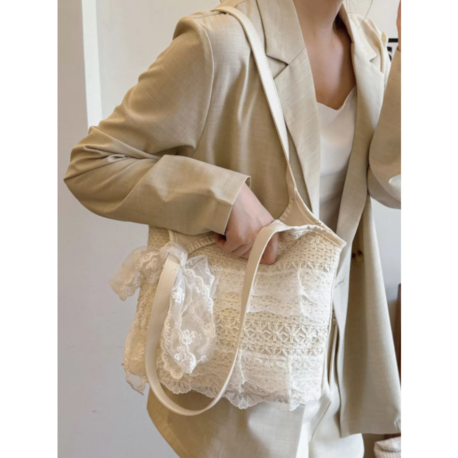 Lace Bowknot Woven Handbag Cream / One Size Apparel and Accessories