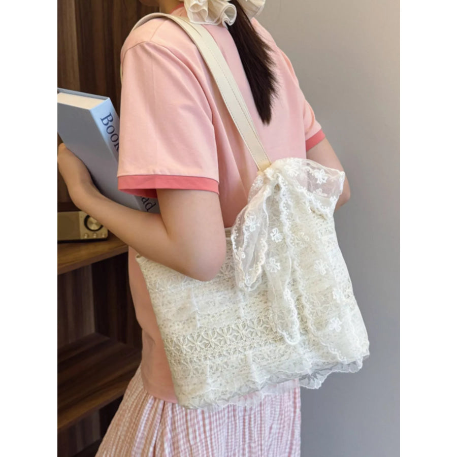 Lace Bowknot Woven Handbag Cream / One Size Apparel and Accessories