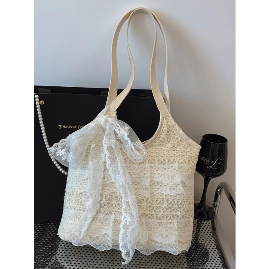 Lace Bowknot Woven Handbag Cream / One Size Apparel and Accessories