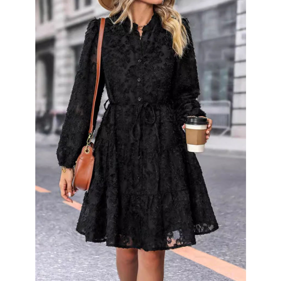 Lace Button Down Long Sleeve Mini Dress Black / S Apparel and Accessories