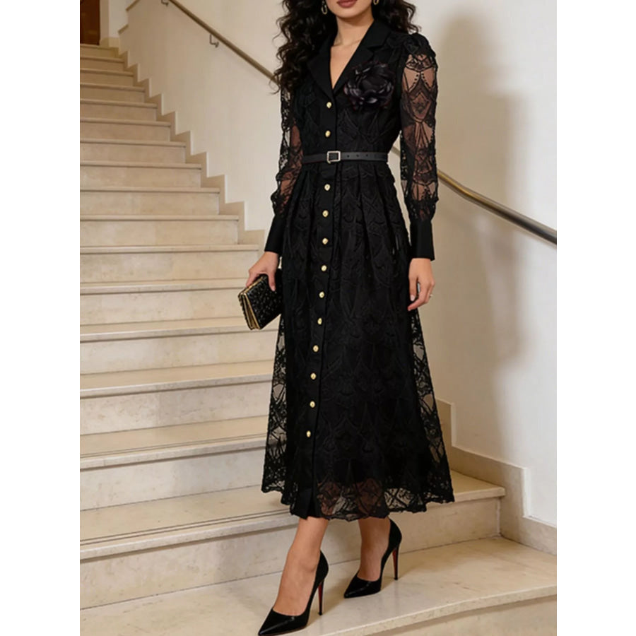 Lace Button Front Midi Dress Black / M Apparel and Accessories