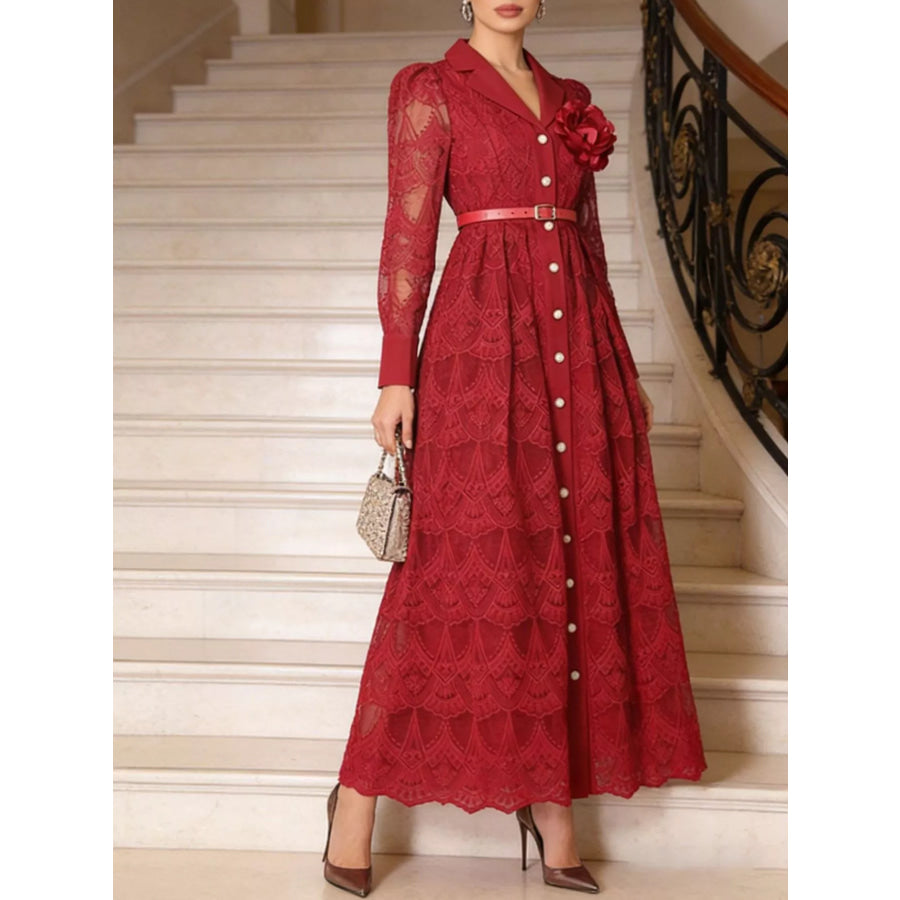 Lace Button Front Midi Dress Red / M Apparel and Accessories