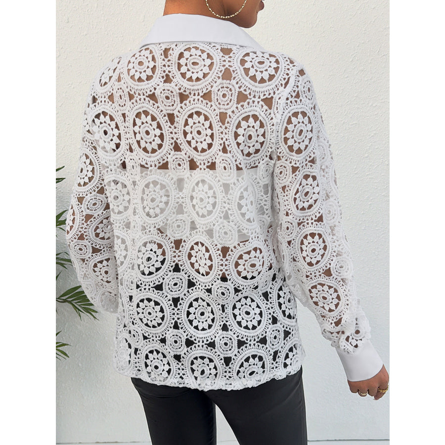 Lace Button Up Long Sleeve Shirt Apparel and Accessories