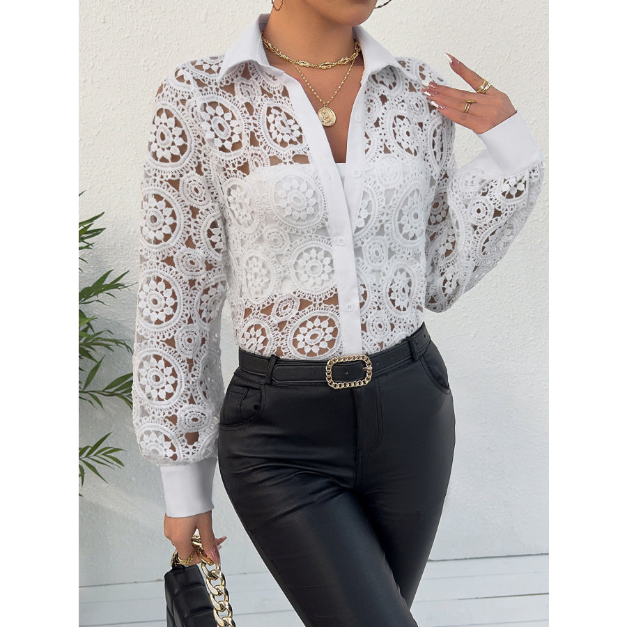 Lace Button Up Long Sleeve Shirt Apparel and Accessories