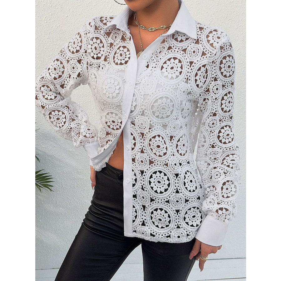 Lace Button Up Long Sleeve Shirt Apparel and Accessories
