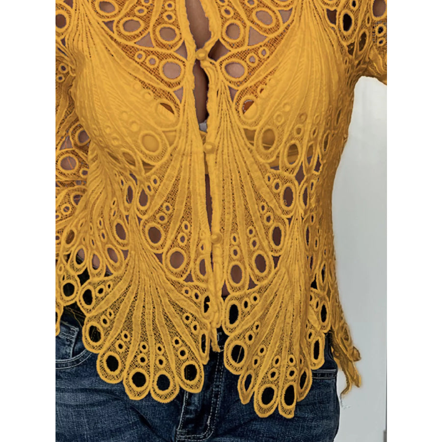 Lace Button Up Long Sleeve Shirt Apparel and Accessories