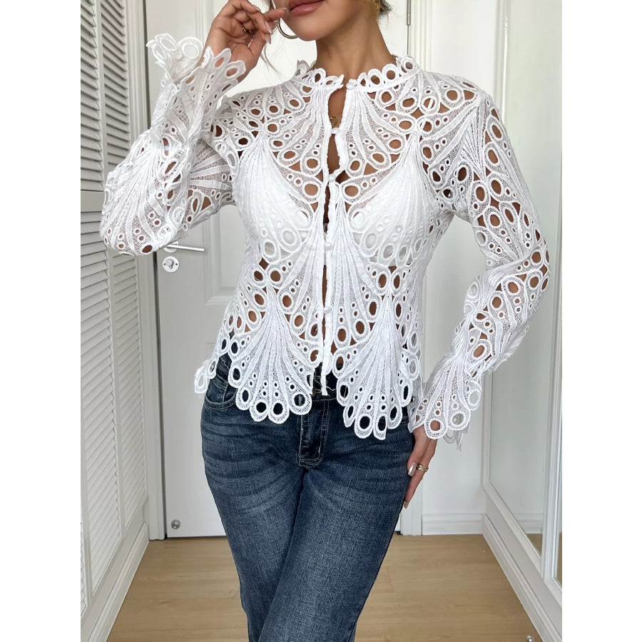 Lace Button Up Long Sleeve Shirt Apparel and Accessories