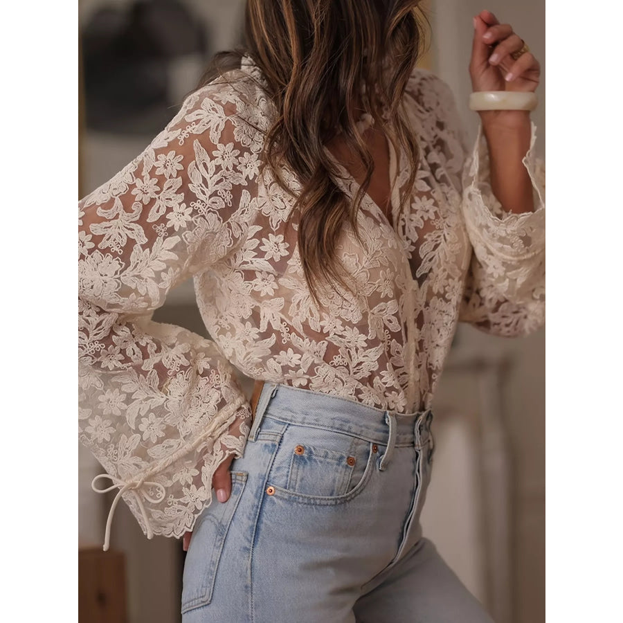 Lace Button Up Long Sleeve Shirt Apparel and Accessories