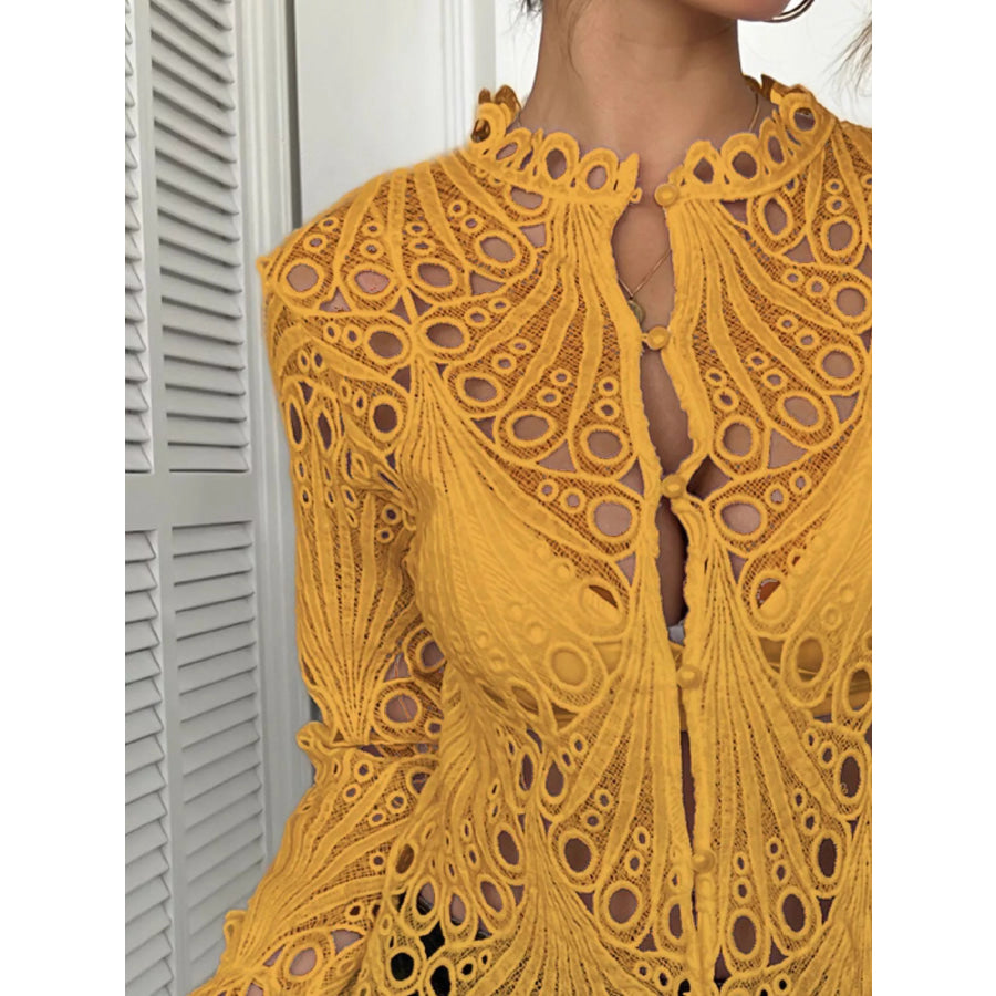 Lace Button Up Long Sleeve Shirt Apparel and Accessories