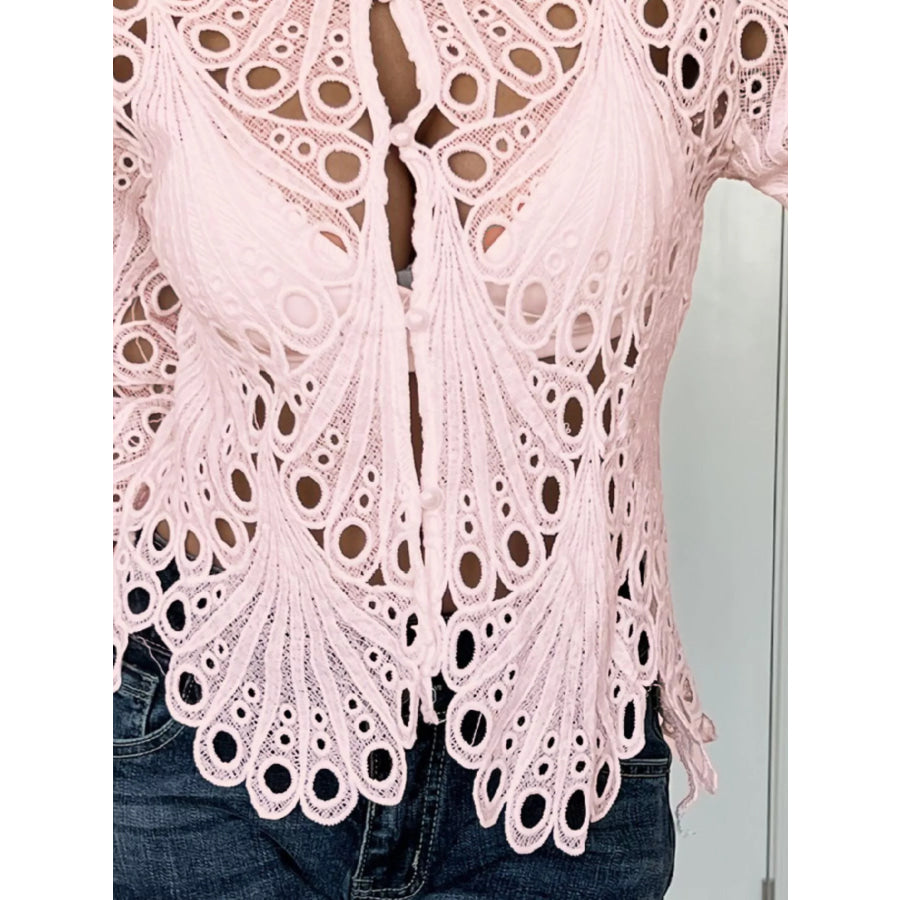 Lace Button Up Long Sleeve Shirt Apparel and Accessories