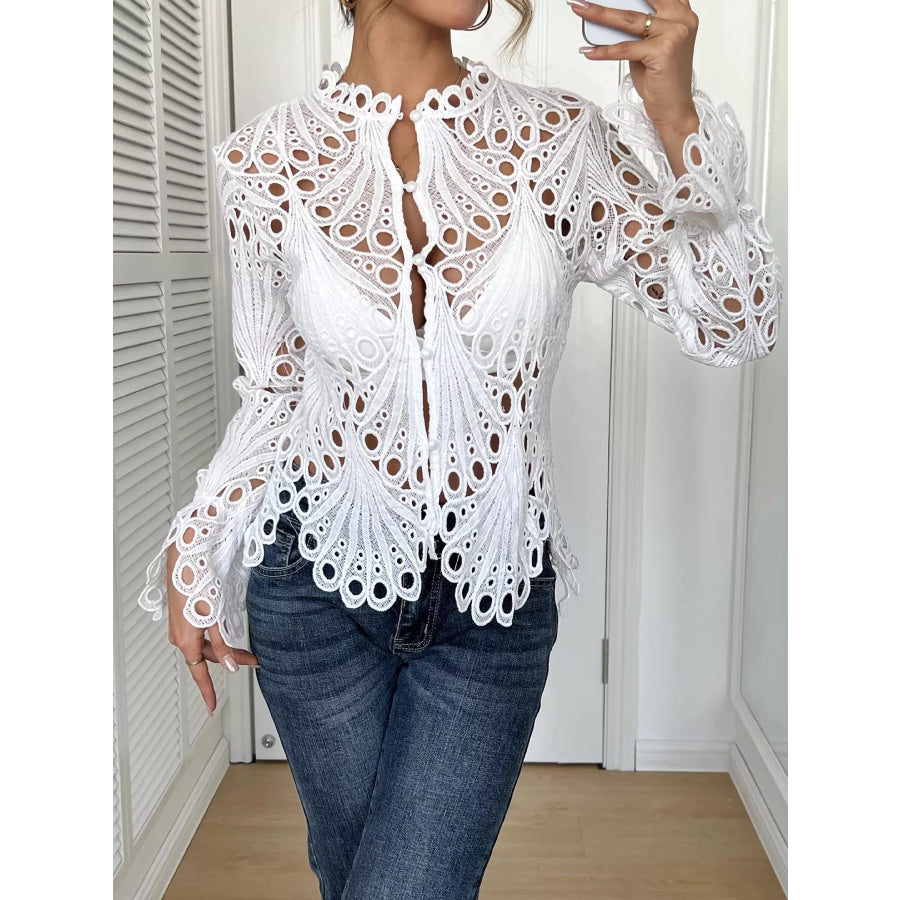 Lace Button Up Long Sleeve Shirt Apparel and Accessories