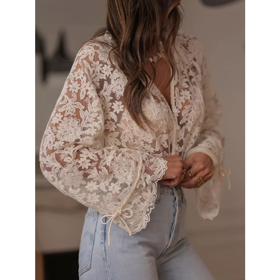 Lace Button Up Long Sleeve Shirt Apparel and Accessories