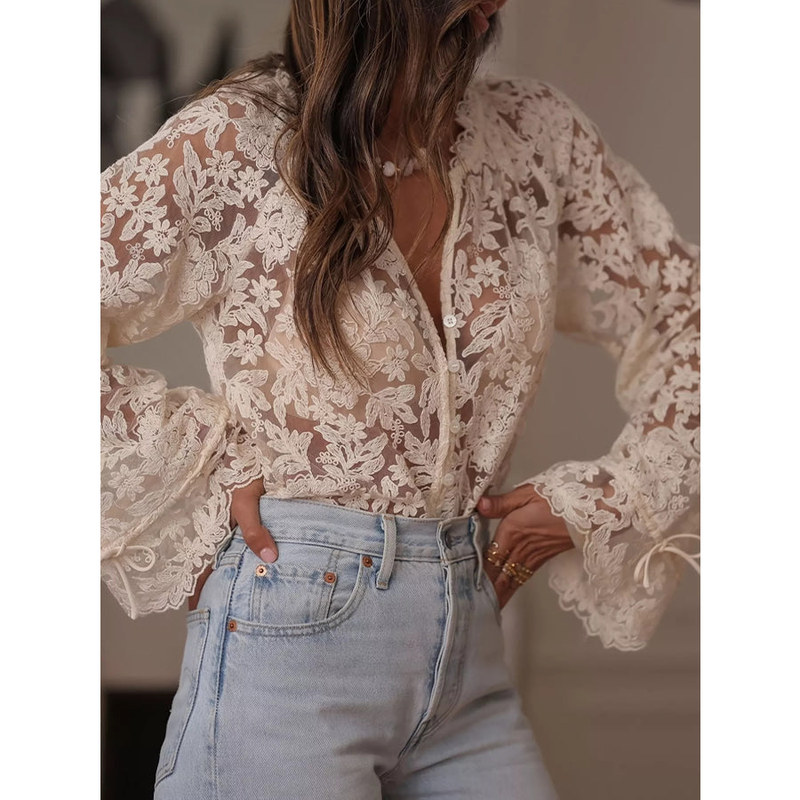 Lace Button Up Long Sleeve Shirt Beige / S Apparel and Accessories