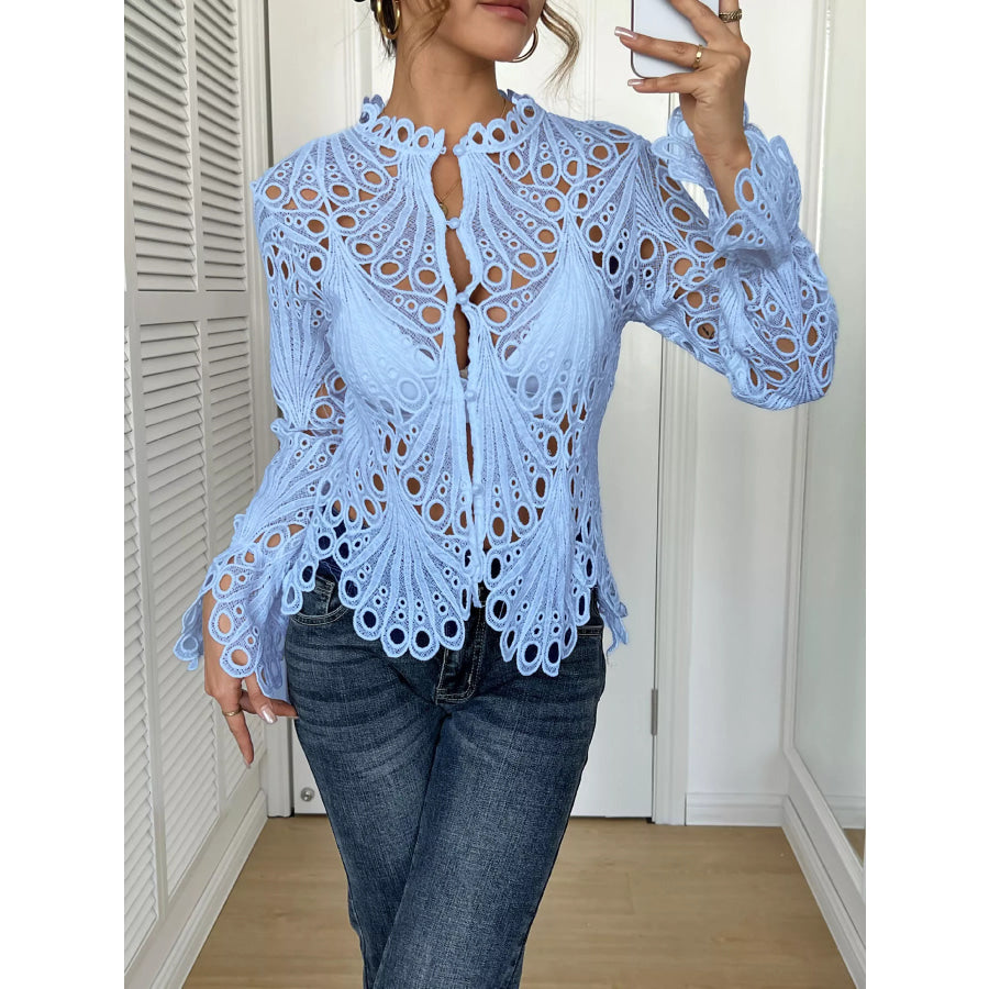 Lace Button Up Long Sleeve Shirt Blue / S Apparel and Accessories