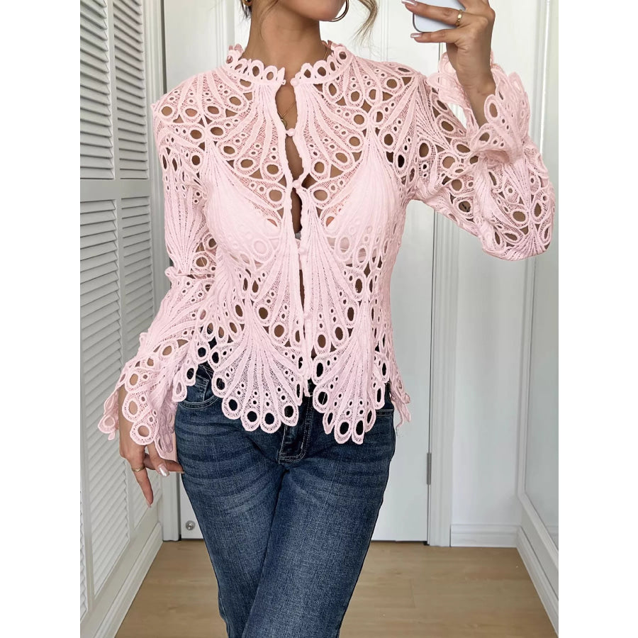 Lace Button Up Long Sleeve Shirt Pink / S Apparel and Accessories