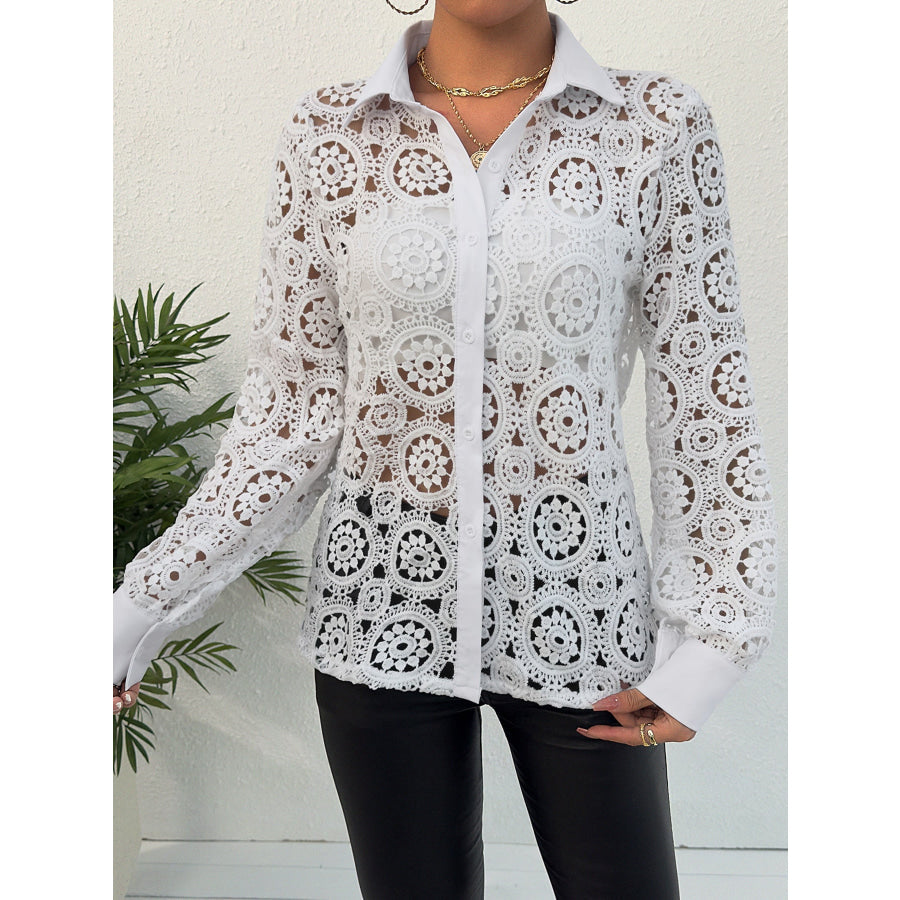 Lace Button Up Long Sleeve Shirt White / S Apparel and Accessories