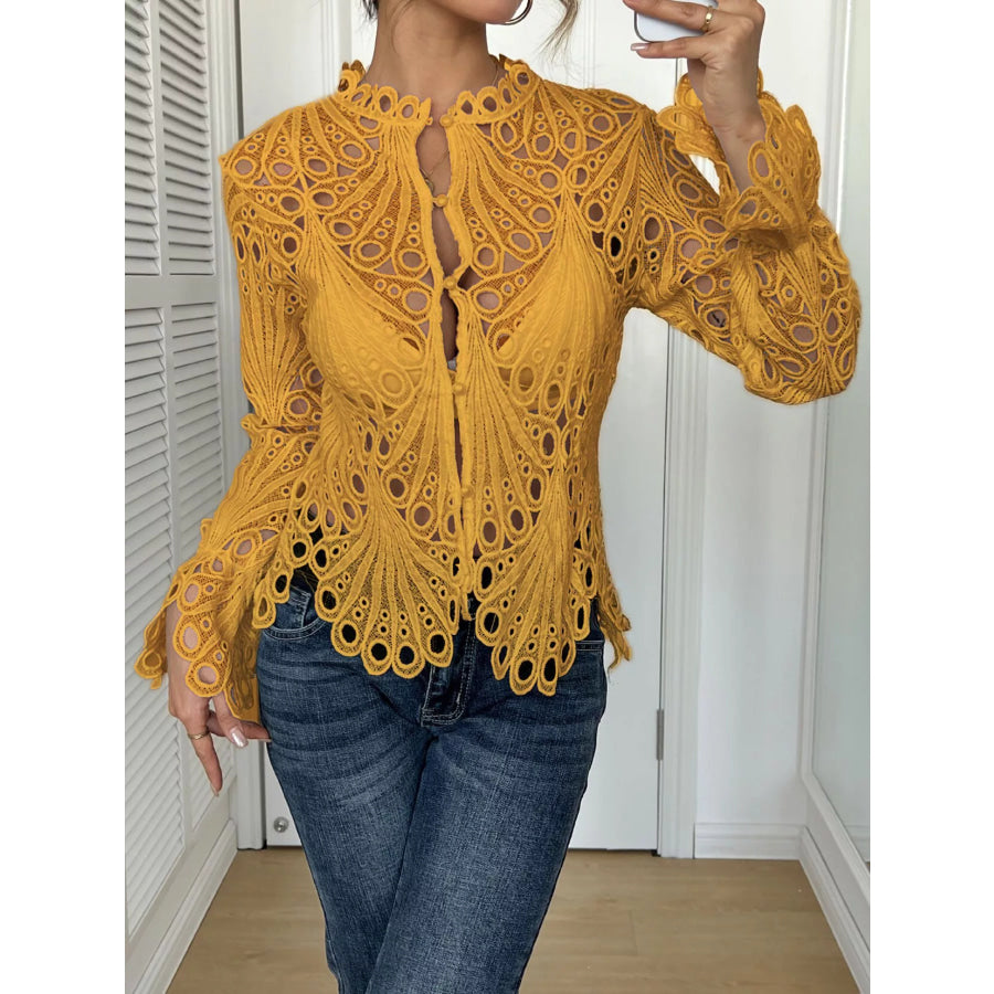 Lace Button Up Long Sleeve Shirt Yellow / S Apparel and Accessories