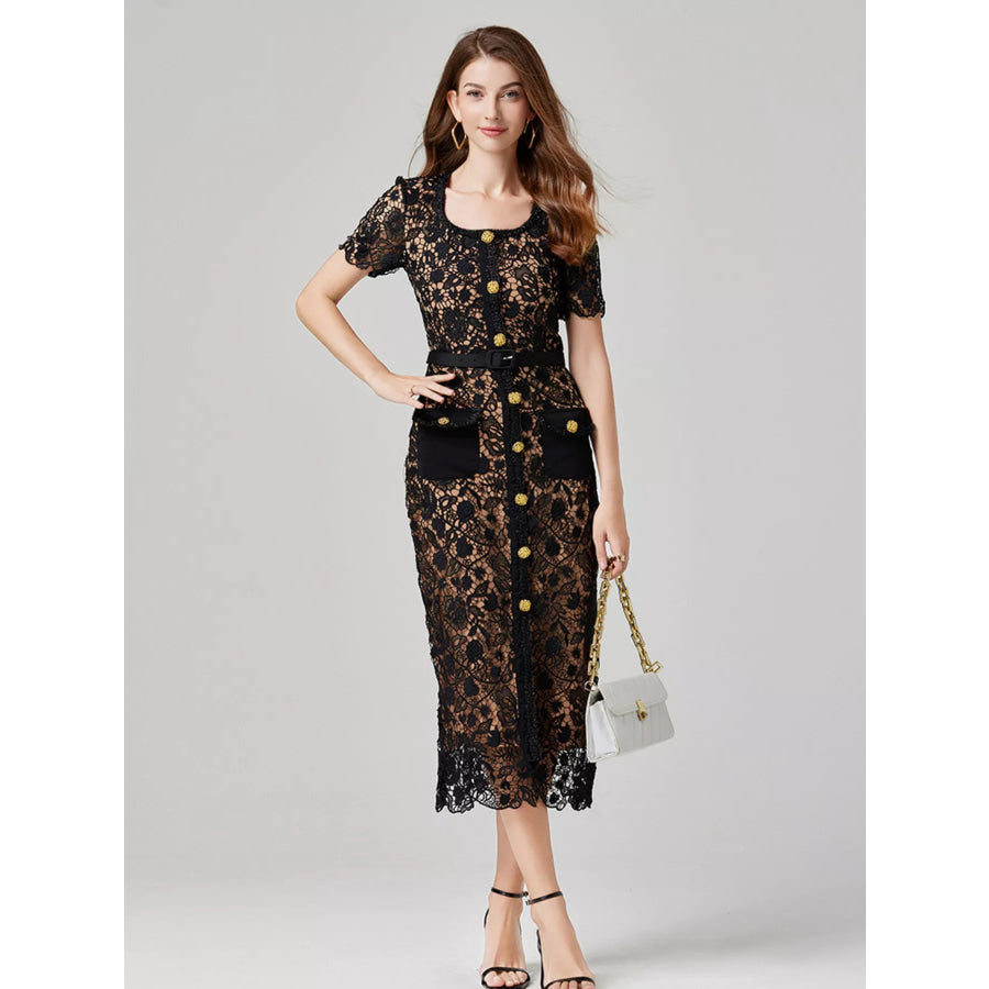 Lace Button-Up Midi Dress Apparel and Accessories