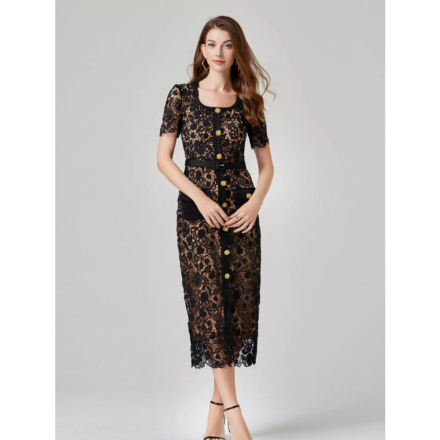 Lace Button-Up Midi Dress Apparel and Accessories