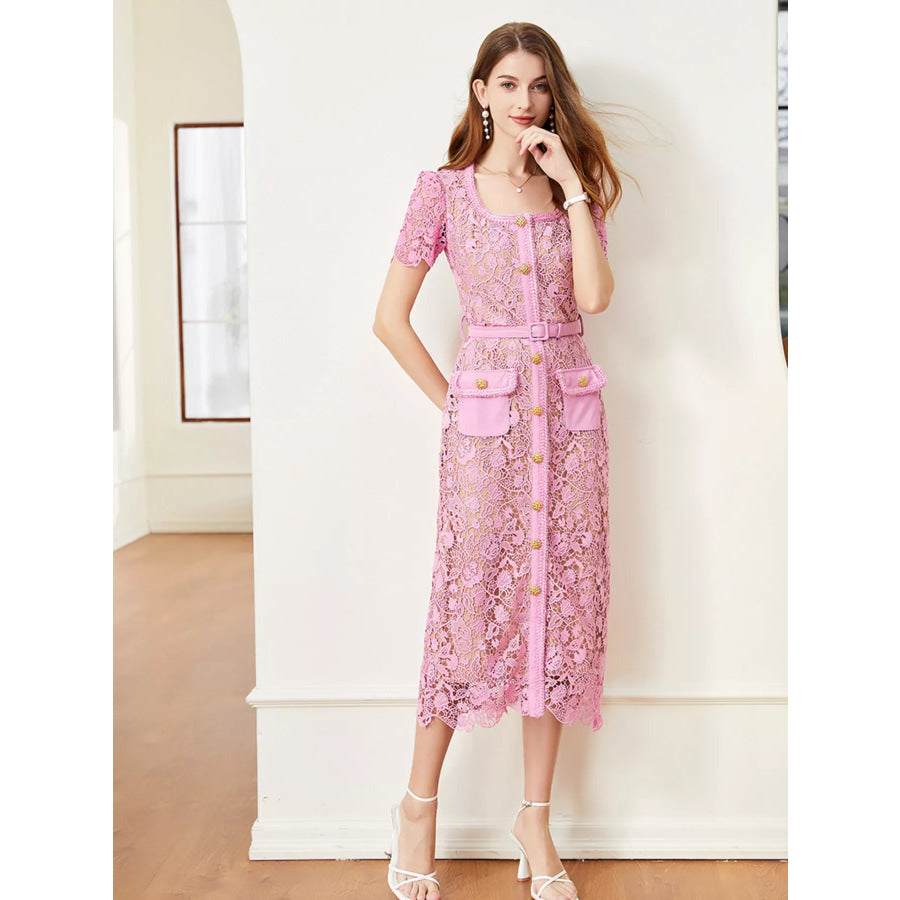 Lace Button-Up Midi Dress Apparel and Accessories