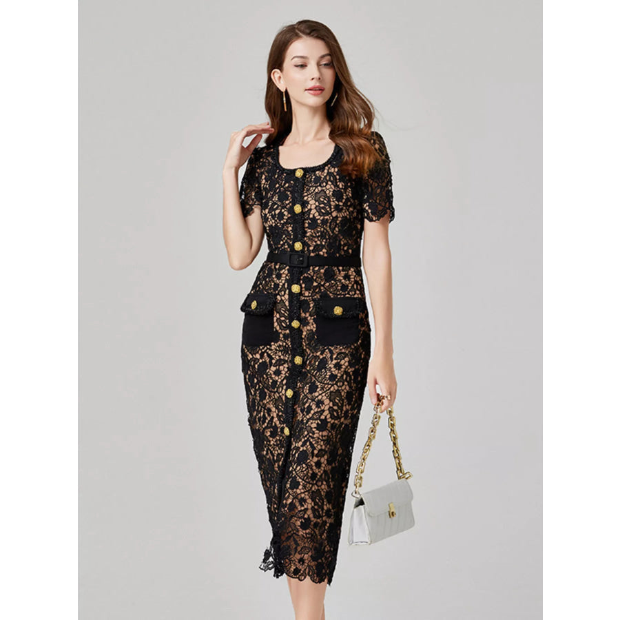 Lace Button-Up Midi Dress Apparel and Accessories