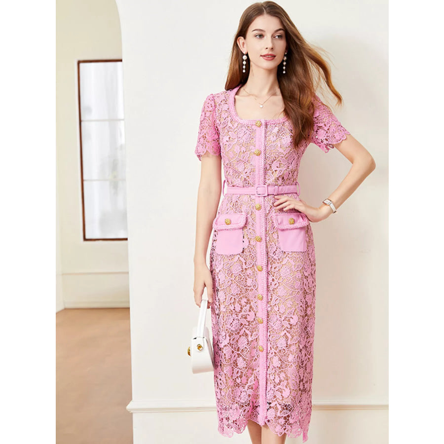 Lace Button-Up Midi Dress Apparel and Accessories
