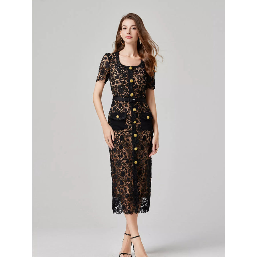 Lace Button-Up Midi Dress Black / S Apparel and Accessories