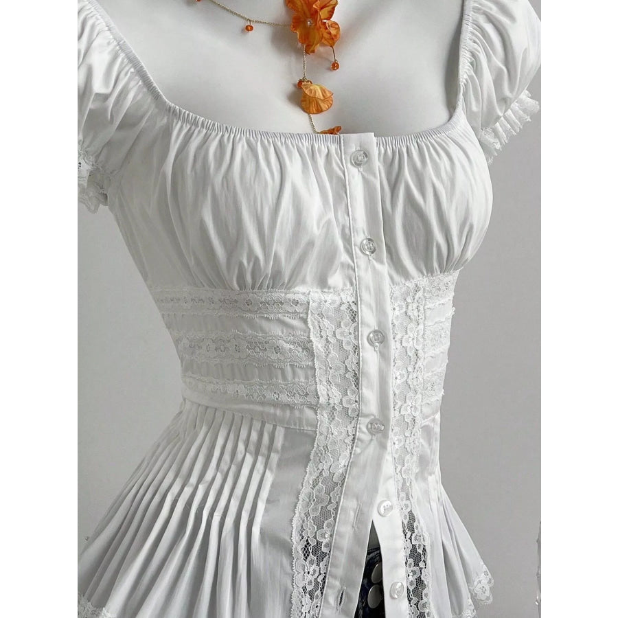 Lace Button Up Short Sleeve Shirt Apparel and Accessories