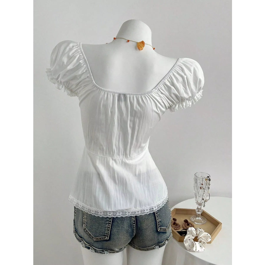 Lace Button Up Short Sleeve Shirt Apparel and Accessories