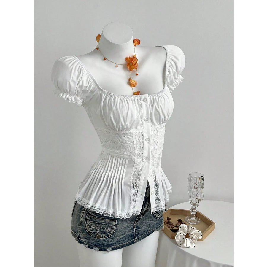 Lace Button Up Short Sleeve Shirt Apparel and Accessories
