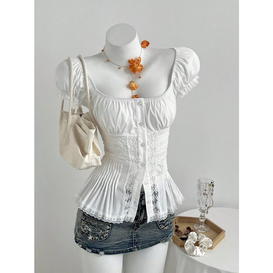 Lace Button Up Short Sleeve Shirt White / S Apparel and Accessories