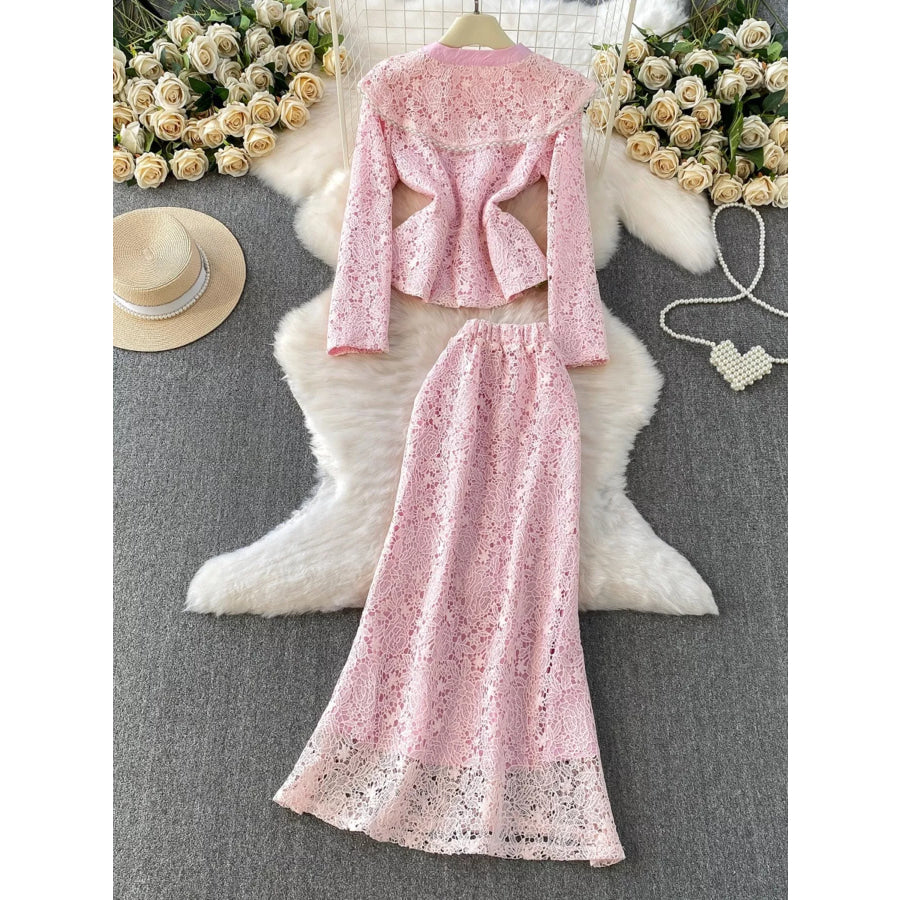 Lace Button Up Top and Skirt Set Blush Pink / S Apparel and Accessories