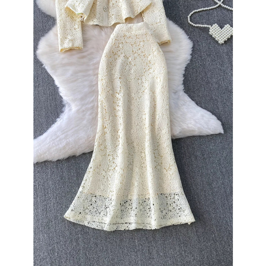 Lace Button Up Top and Skirt Set Apparel and Accessories