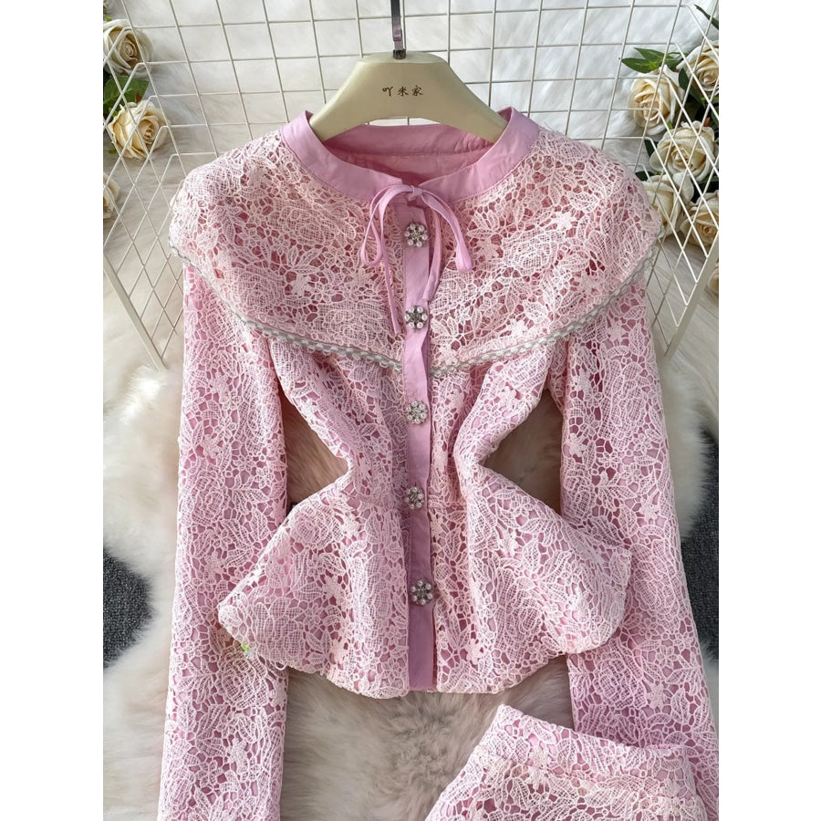 Lace Button Up Top and Skirt Set Apparel and Accessories