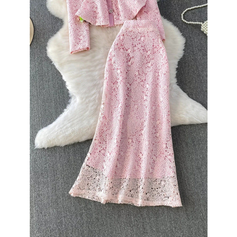 Lace Button Up Top and Skirt Set Apparel and Accessories