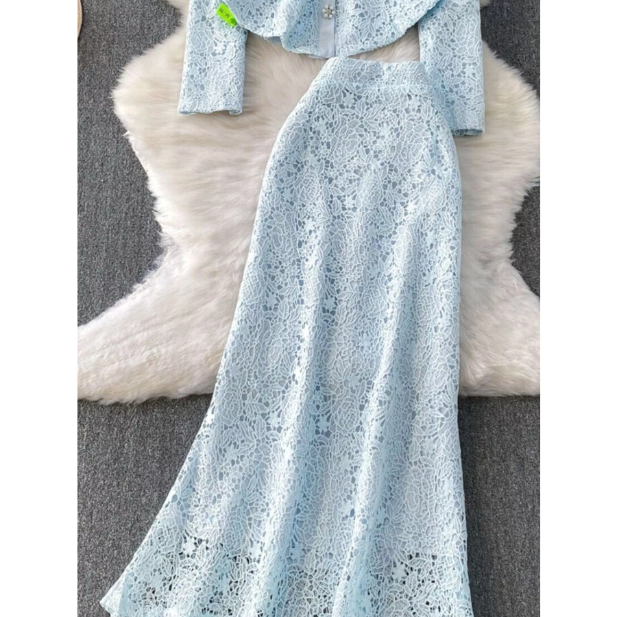 Lace Button Up Top and Skirt Set Apparel and Accessories