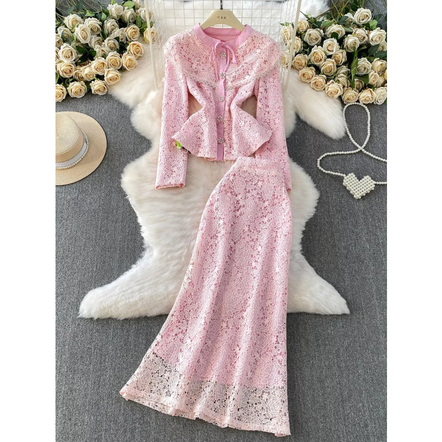 Lace Button Up Top and Skirt Set Blush Pink / S Apparel and Accessories